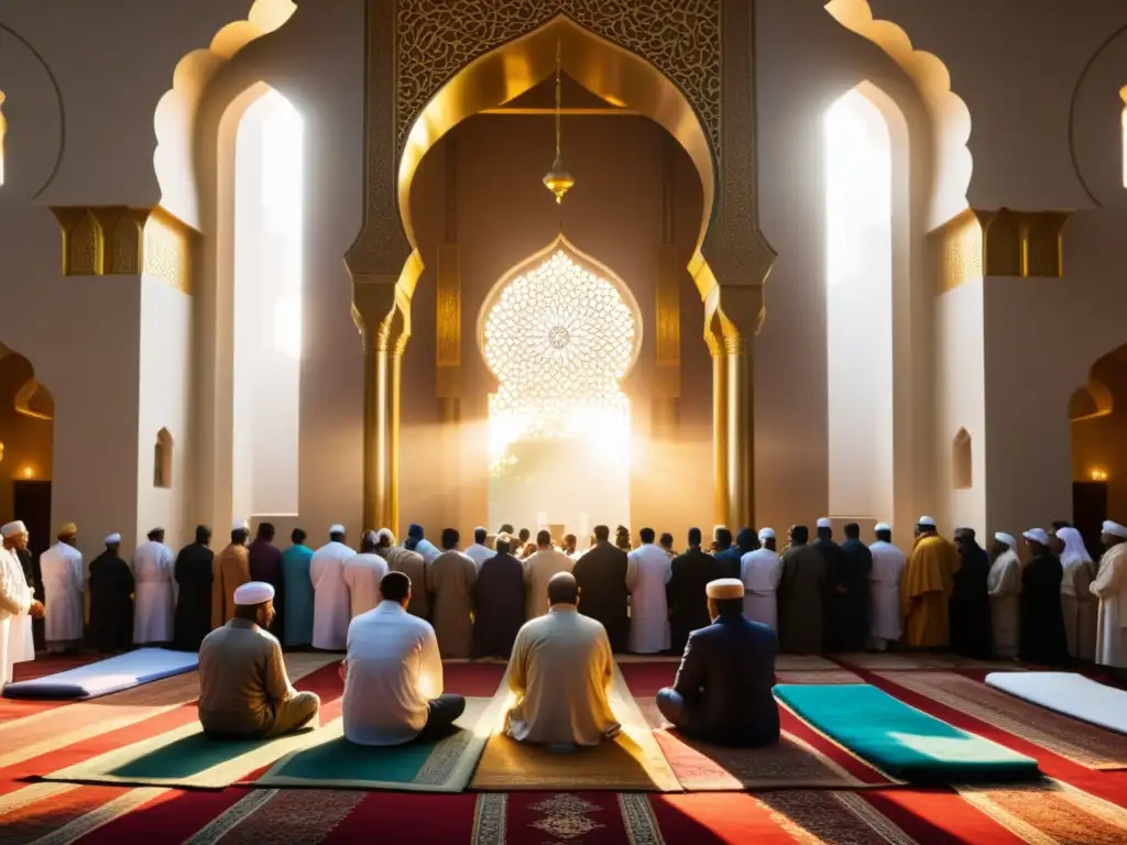 Grupo de musulmanes realizando rituales de ascensión en Miraj en una mezquita, bañados en luz dorada