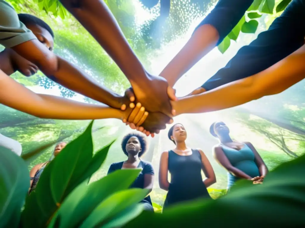 Grupo meditando en la naturaleza, reflejando evolución de rituales en sociedad con introspección y conexión espiritual