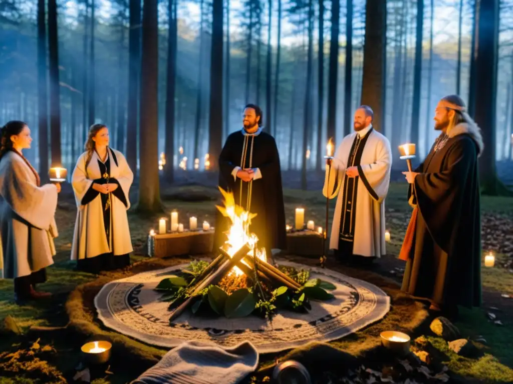 Grupo neopagano celebra ritual de Imbolc en un claro del bosque, con serenidad y conexión a la naturaleza palpable