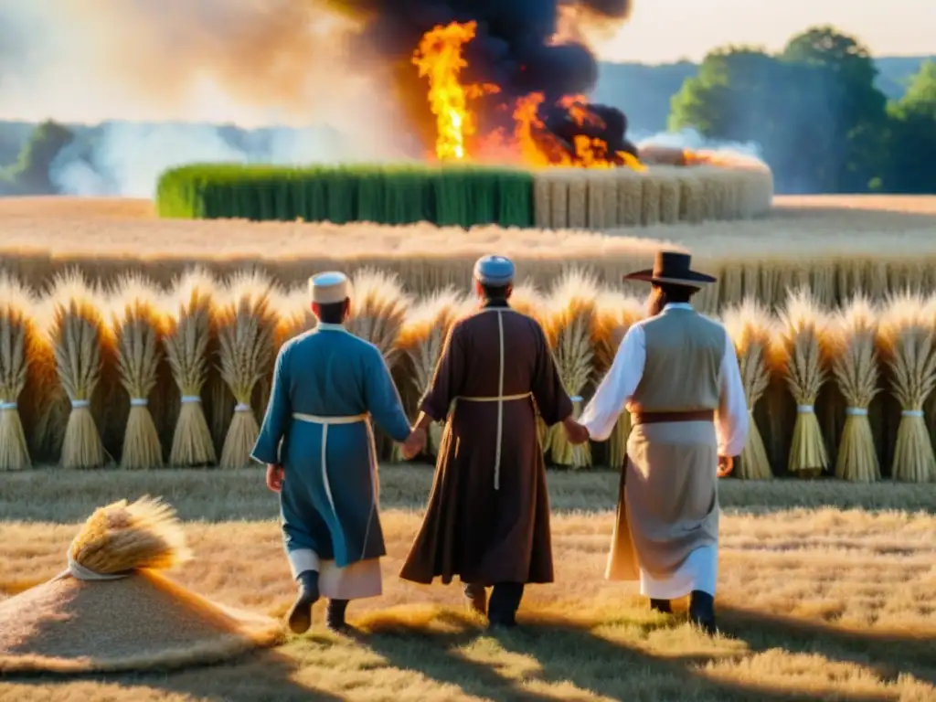 Un grupo de neopaganos celebra el festival de Lughnasadh en un campo soleado, unidos por la tradición y la conexión espiritual con la tierra