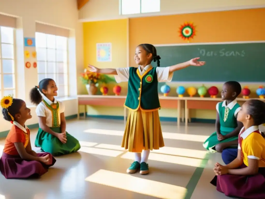 Grupo de niños en alegre ritual de danza para celebrar estaciones, guiados por su maestra en una colorida aula soleada