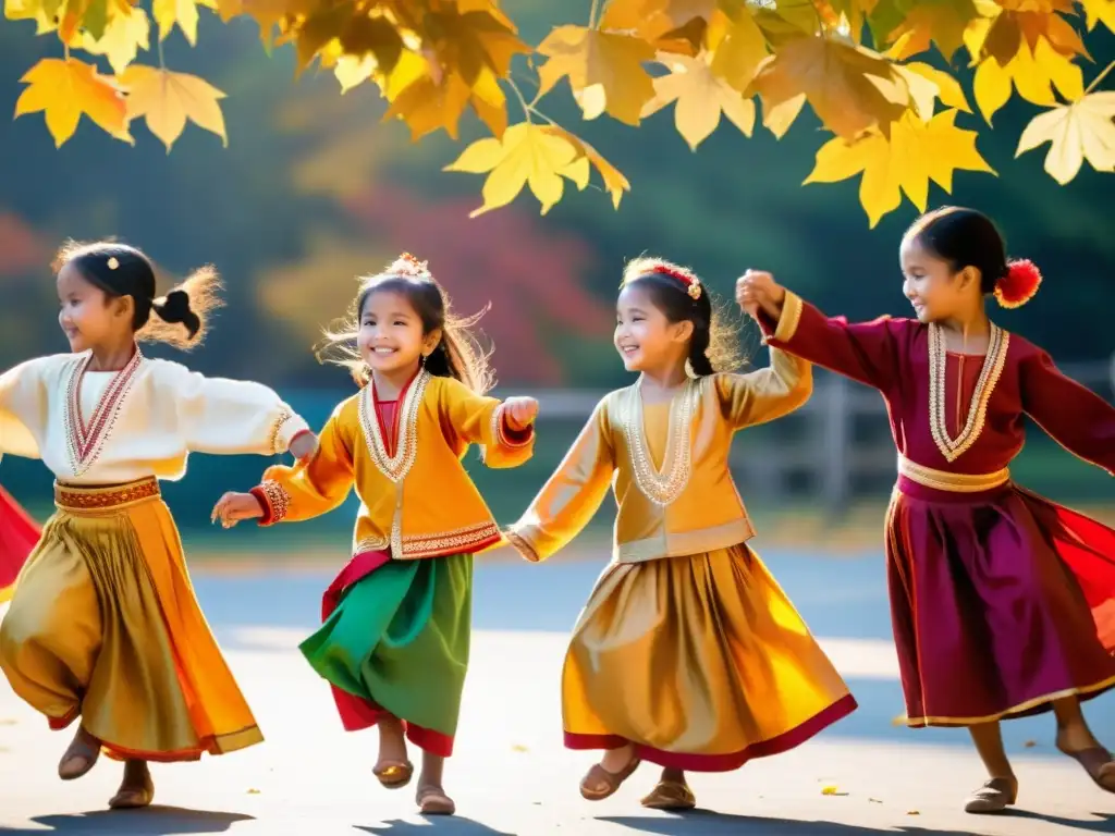 Grupo de niños danzando en círculo bajo el cielo abierto entre hojas otoñales