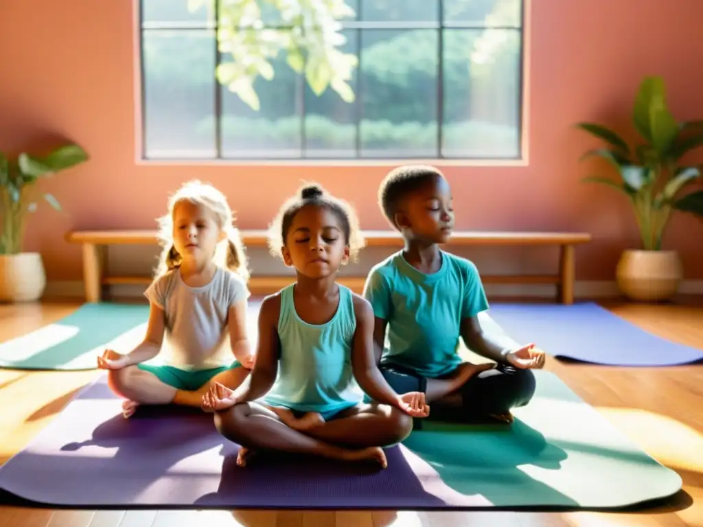 Grupo de niños en círculo sobre colchonetas de yoga practicando rituales de mindfulness para niños, con expresiones serenas y luz cálida