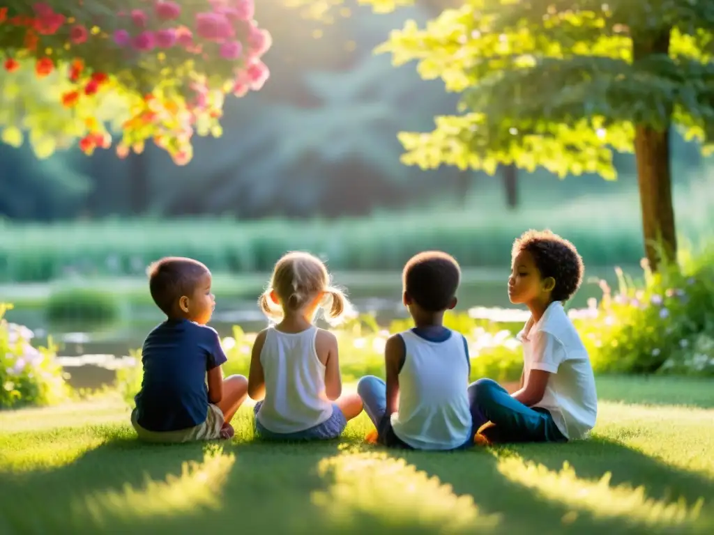 Grupo de niños en círculo, practicando mindfulness rodeados de naturaleza