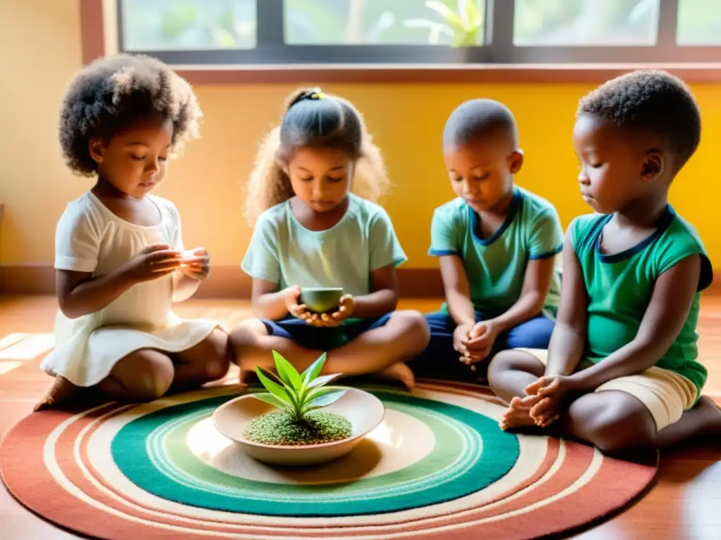 Grupo de niños en círculo con ojos cerrados, participando en un ritual de gratitud y alimentación con su maestra