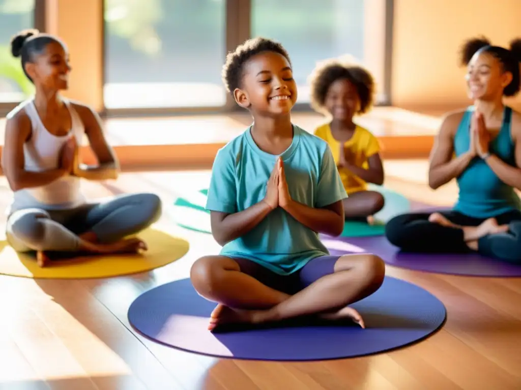 Grupo de niños en círculo practicando rituales de mindfulness para niños, guiados por su instructor en una atmósfera serena y tranquila