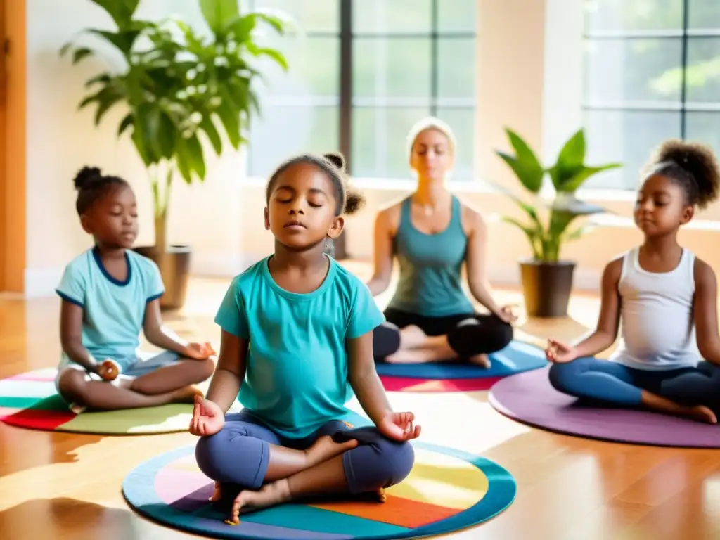 Grupo de niños en círculo practicando rituales de mindfulness para niños en un entorno tranquilo y acogedor, guiados por un instructor sereno