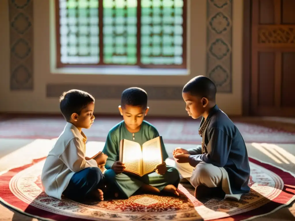 Grupo de niños musulmanes en su primera ceremonia de lectura del Corán, iluminados por la luz del sol