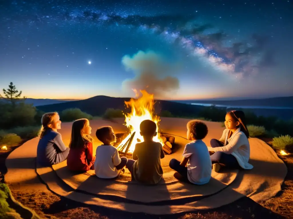 Grupo de niños escuchando atentamente a un narrador junto a una fogata, evocando rituales narrativos infancia culturas