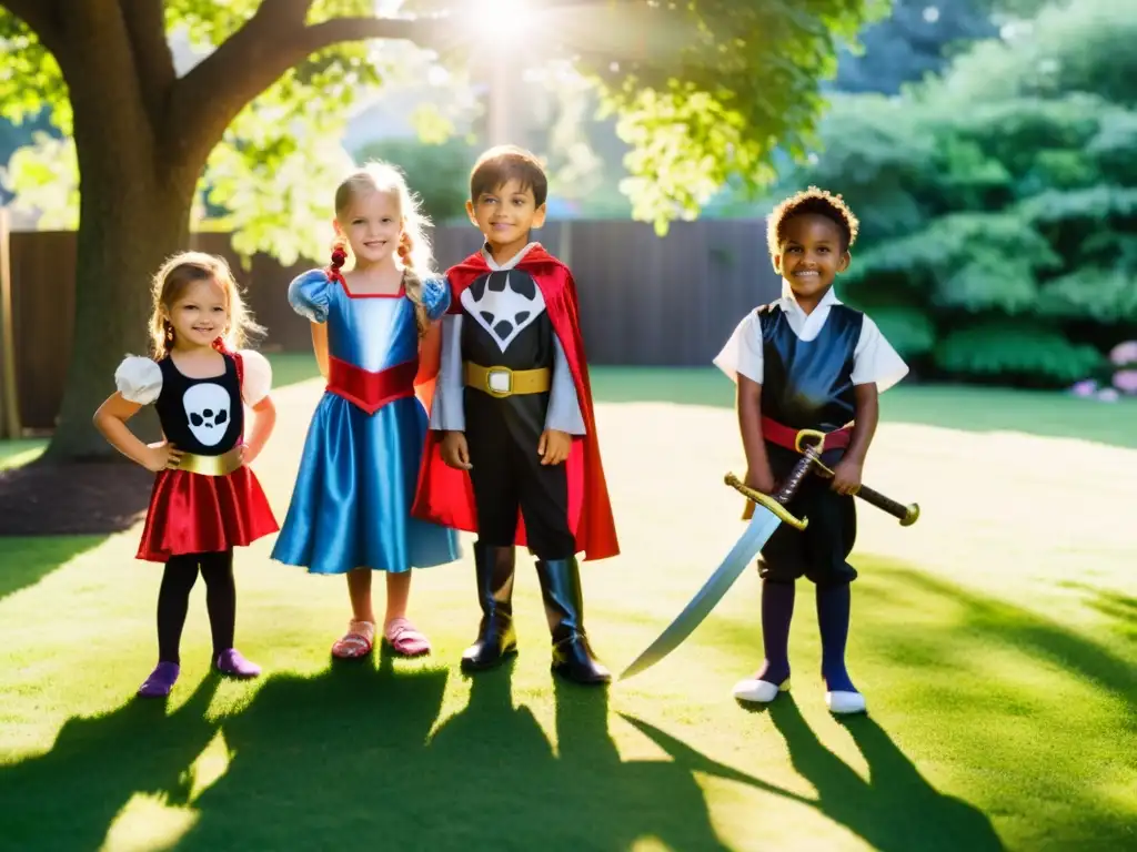 Grupo de niños jugando a disfrazarse en el patio, creando un mundo de imaginación y diversión