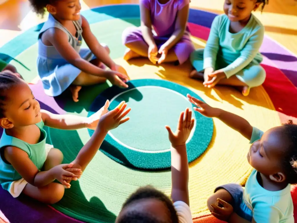 Grupo de niños preescolares participando en rituales sensoriales para preescolares en un aula llena de luz y coloridas actividades educativas