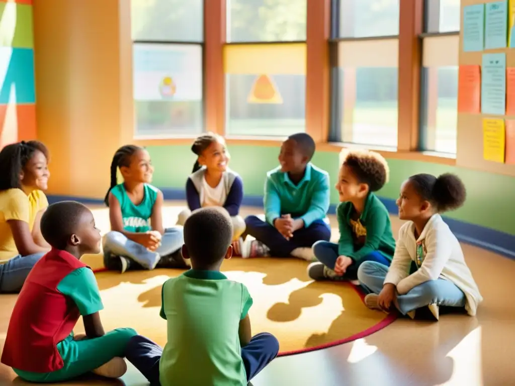 Conexión y amistad: niños en círculo escuchando a su maestra Grupo de niños de primaria en círculo escuchando a su maestra hablar sobre rituales para fomentar la empatía, en un aula acogedora y llena de colorido