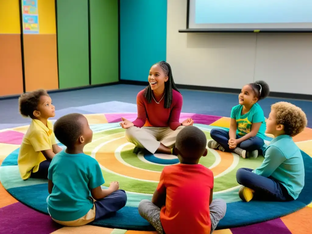 Un grupo de niños escuchando atentamente a su profesor mientras les cuenta una historia cautivadora en un aula llena de libros y colores