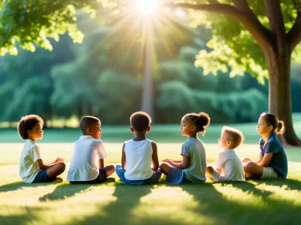 Grupo de niños practicando rituales de mindfulness en un campo, con expresiones serenas y enfoque interior