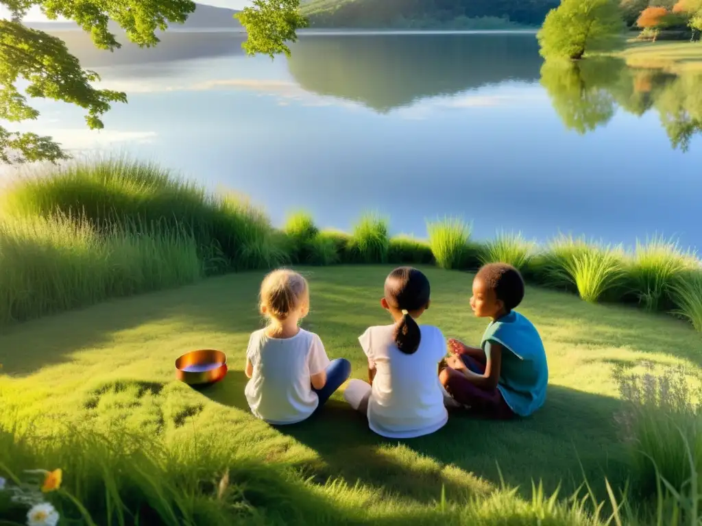 Un grupo de niños practicando rituales de mindfulness en la naturaleza, rodeados de herramientas sensoriales