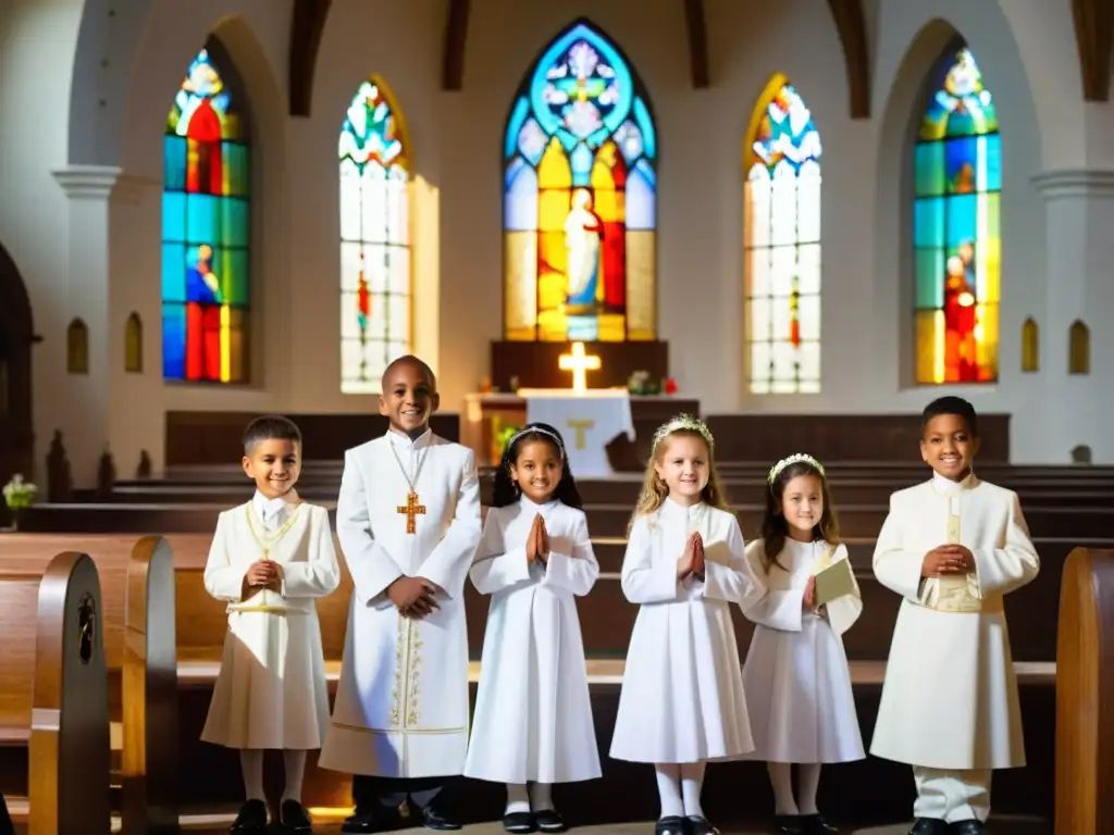 Un grupo de niños vestidos de blanco recibe su primera comunión en una hermosa iglesia, mientras la luz del sol ilumina los vitrales