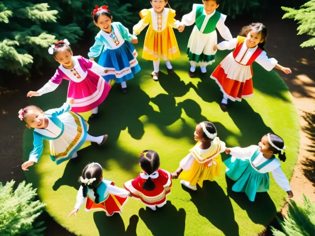 Un grupo de niños vestidos con trajes tradicionales coloridos danzan alegremente en un claro soleado rodeado de altos y vibrantes árboles