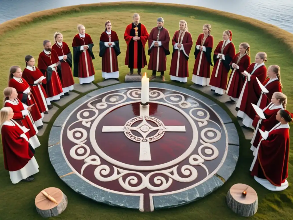 Grupo en ritual nórdico antiguo alrededor de altar de piedra con chalice desbordante de líquido rojo