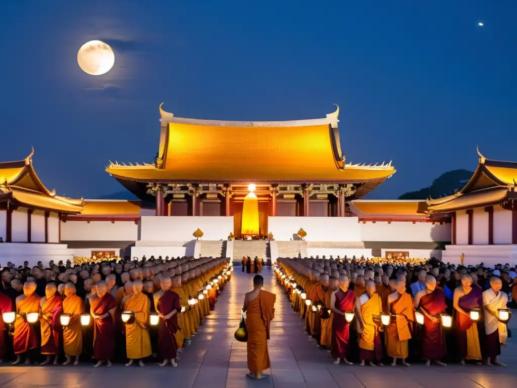 Un grupo numeroso de monjes budistas y devotos reunidos frente a un majestuoso templo iluminado por el suave resplandor de linternas y velas