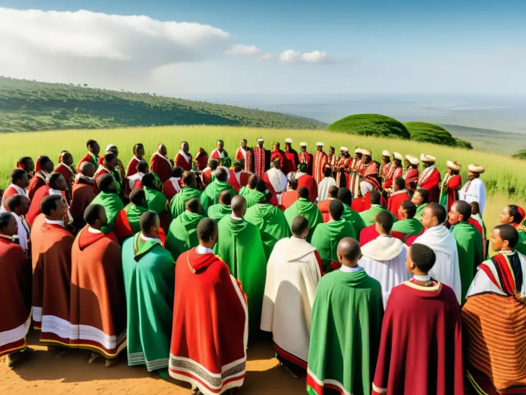 Grupo de Oromo en trajes tradicionales realizando un ritual de la ceremonia Gadaa, bajo un cielo abierto