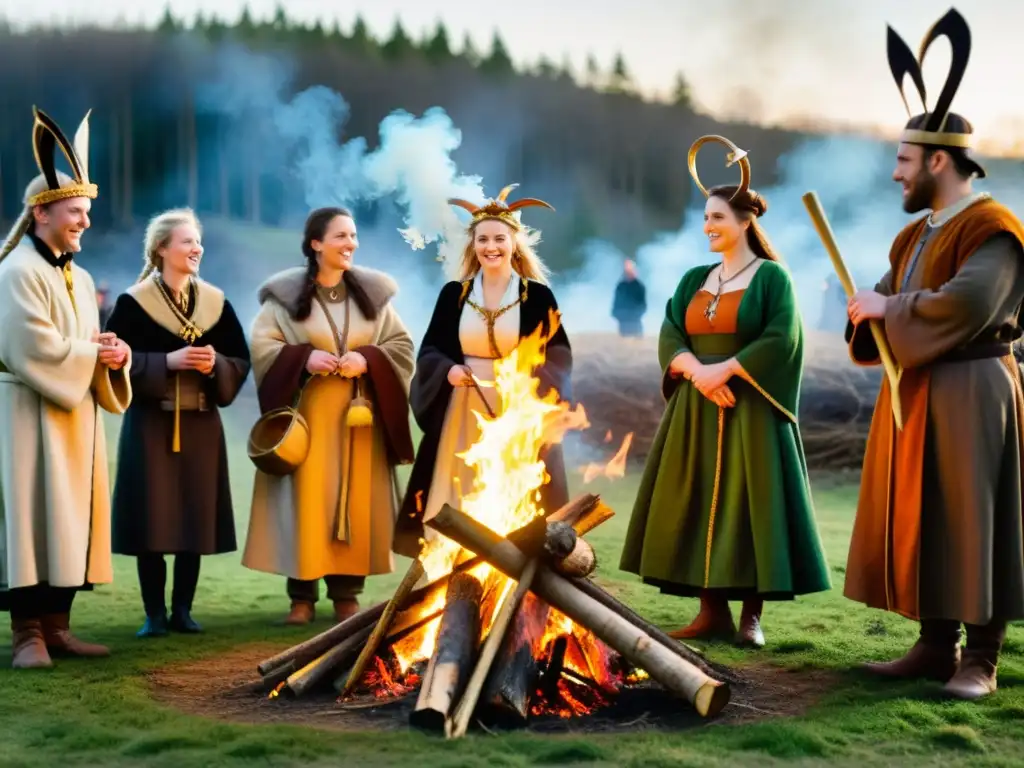 Grupo en celebración Imbolc tradición pagana alrededor de fogata en el bosque, evocando conexión espiritual con la naturaleza