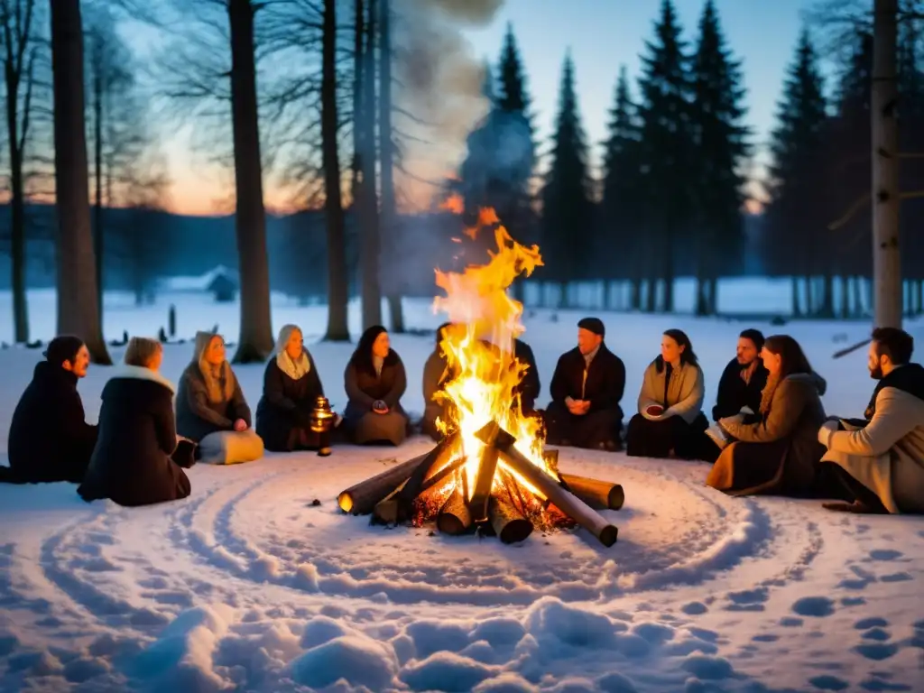 Grupo celebra Imbolc tradición pagana alrededor del fuego en la naturaleza nevada, honrando la llegada de la primavera con rituales tradicionales