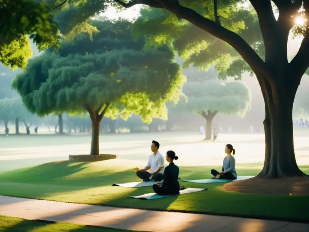 Grupo en parque sereno practicando el ritual milenario Tai Chi bajo árboles altos, exudando equilibrio y calma