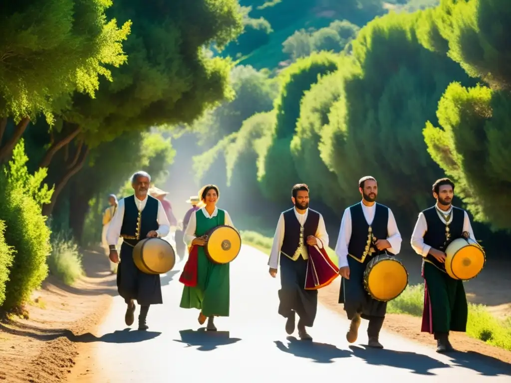 Grupo de peregrinos en Romería del Rocío, Andalucía, vistiendo atuendos tradicionales, caminan entre árboles frondosos hacia el horizonte soleado