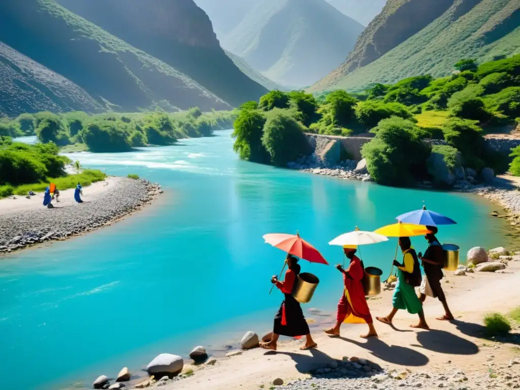 Un grupo de peregrinos descalzos camina junto a un río azul vibrante, llevando jarras de agua sagrada en sus cabezas