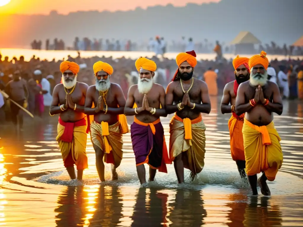 Grupo de peregrinos cruza el río Ganges durante el Festival espiritual Kumbh Mela, vistiendo trajes tradicionales coloridos