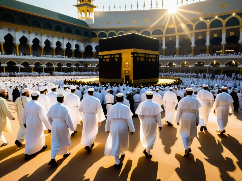 Un grupo de peregrinos en ihram blanco camina hacia la Kaaba en Mecca, en una escena iluminada por el sol