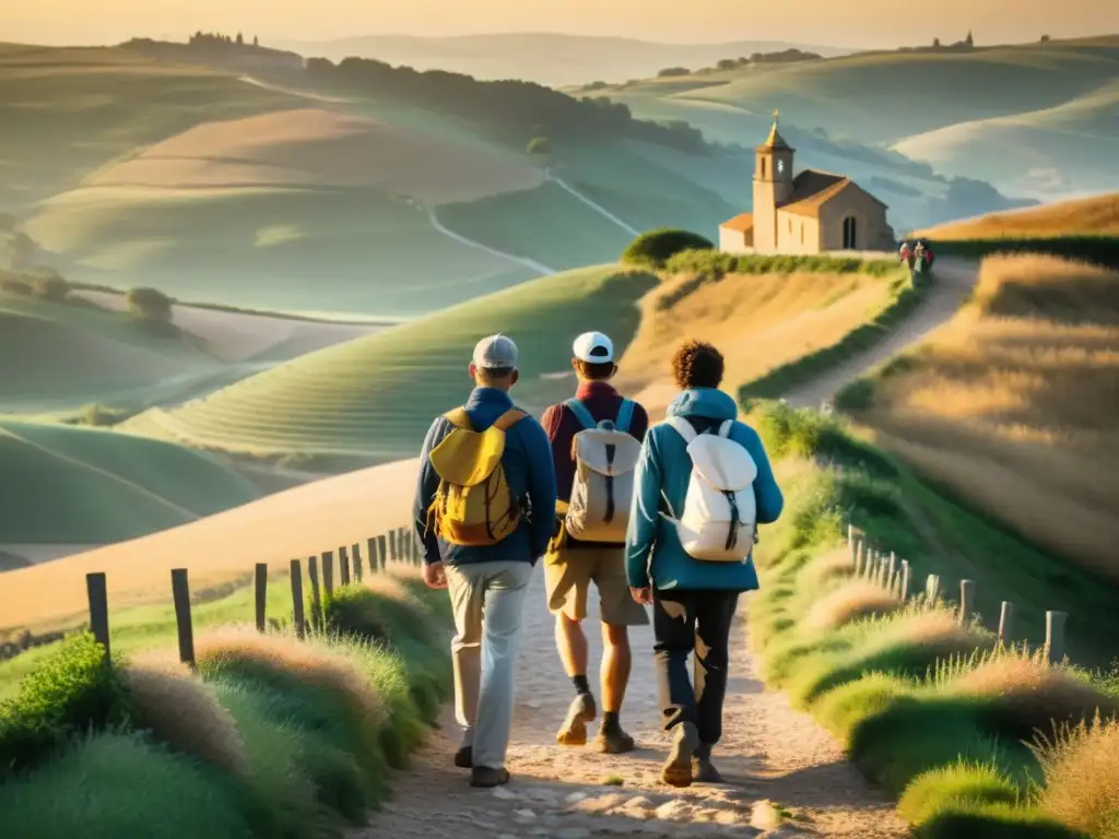 Un grupo de peregrinos modernos camina por el antiguo Camino de Santiago al atardecer, transmitiendo determinación y espiritualidad en la era moderna