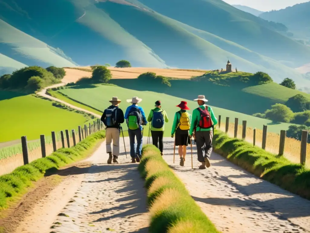 Un grupo de peregrinos modernos recorre el Camino de Santiago, iluminados por la suave luz de la mañana, en un paisaje verde vibrante