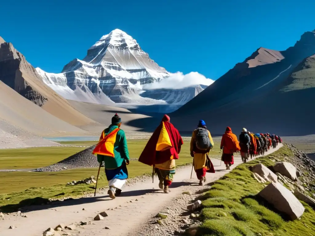 Un grupo de peregrinos camina hacia el Monte Kailash en el Tíbet, llevando banderas de oración y ruedas de rezos