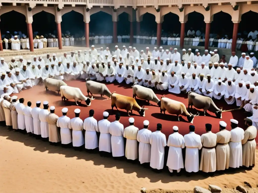 Un grupo de peregrinos musulmanes realiza el ritual del Qurbani durante el Eid al-Adha, evocando el sacrificio de Ismael en el Islam