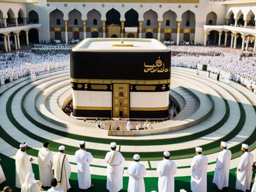 Un grupo de peregrinos en prendas blancas ihram frente a la Kaaba en La Meca, en profunda contemplación