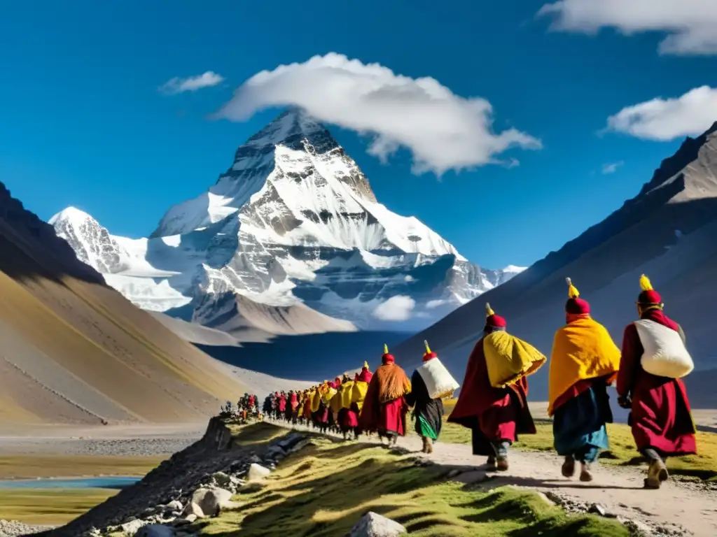 Un grupo de peregrinos tibetanos camina hacia el Monte Kailash, con la majestuosa montaña de fondo y oraciones al viento