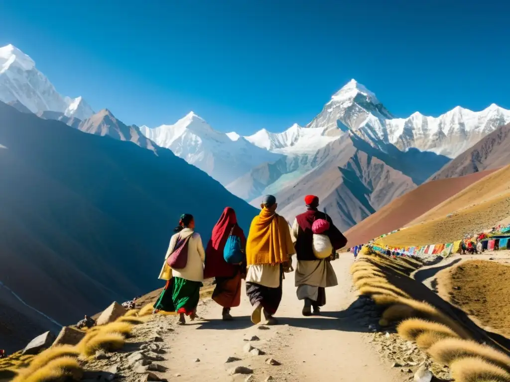 Grupo de peregrinos tibetanos caminando hacia el Monte Kailash con ofrendas, rodeados de montañas nevadas y banderas de oración