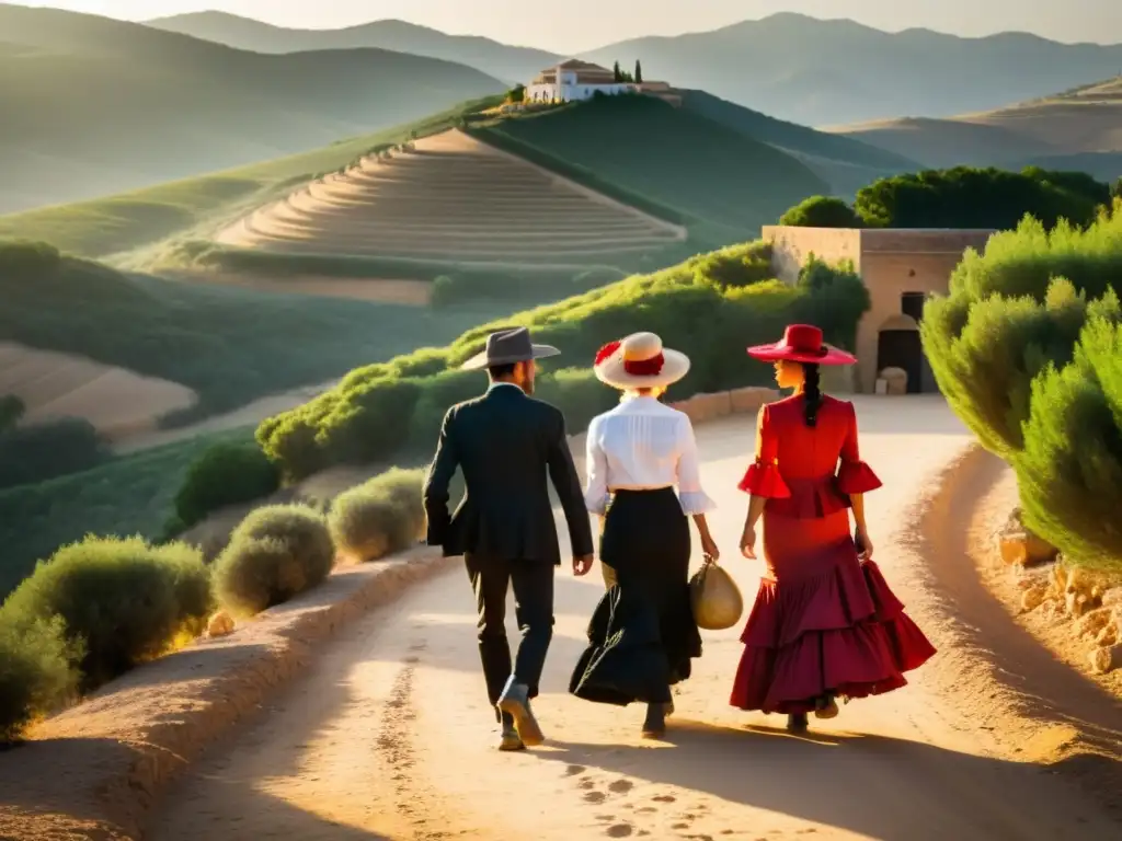 Grupo de peregrinos en trajes flamencos en la Romería del Rocío en Andalucía, con un paisaje andaluz expansivo al fondo