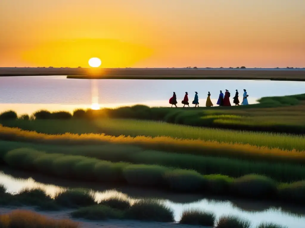 Grupo de peregrinos en Romería del Rocío en Andalucía, con trajes tradicionales, caminando hacia la ermita al atardecer