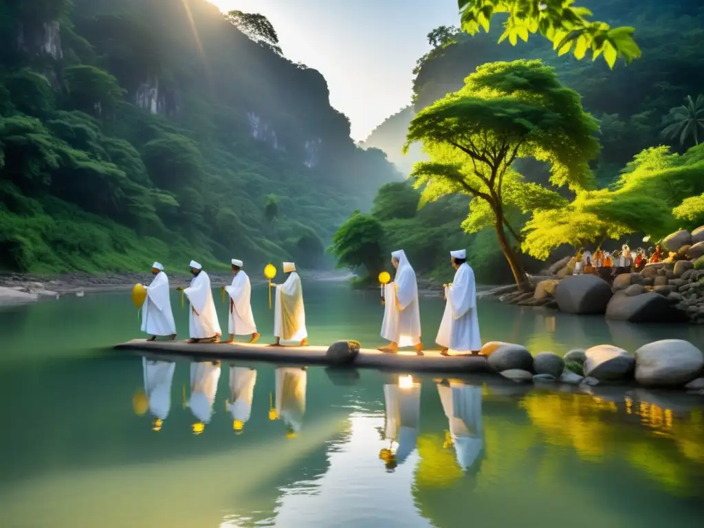 Un grupo de peregrinos en túnicas blancas cruza un río cristalino bajo el cálido sol