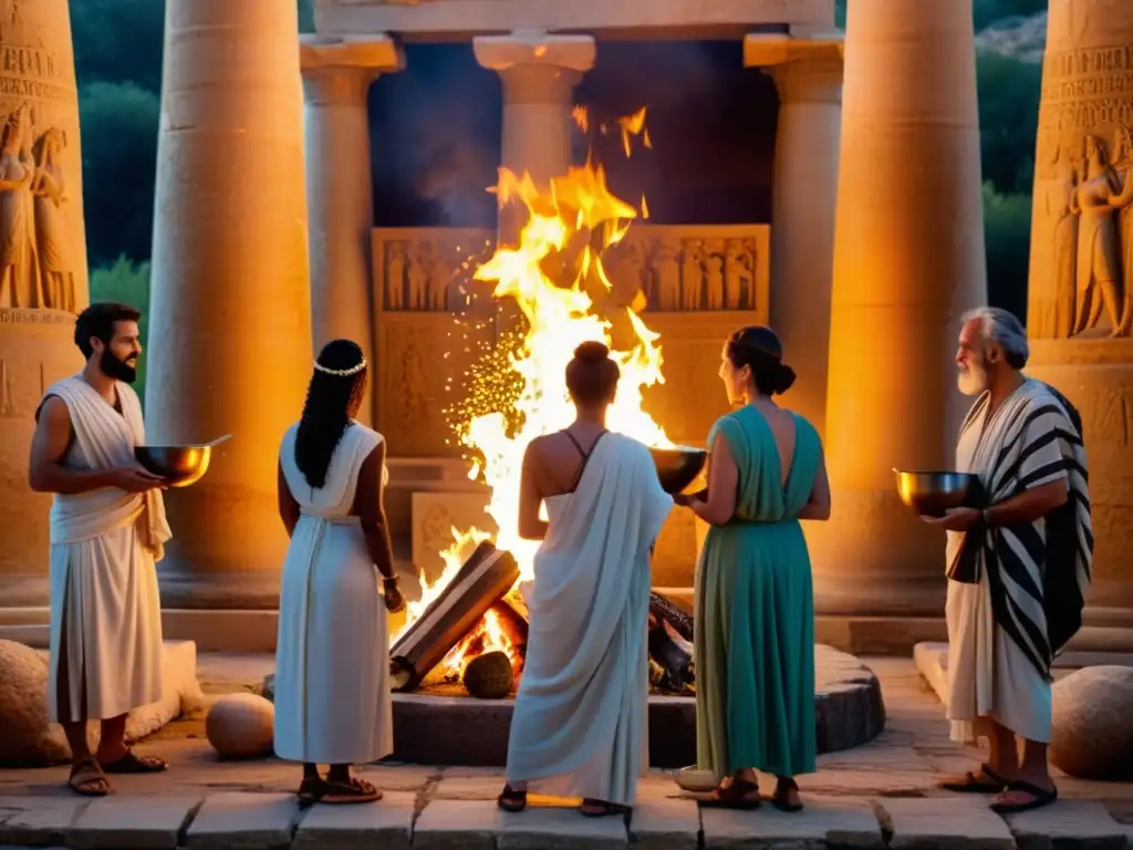 Grupo de personas en un antiguo templo griego participando en ritos de limpieza, con ofrendas y una sacerdotisa