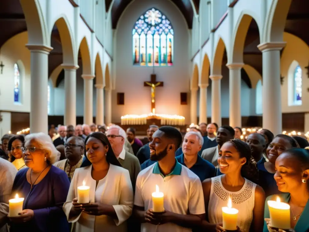 Un grupo de personas celebra la Ascensión de Jesús en una iglesia, sosteniendo velas encendidas y cantando himnos