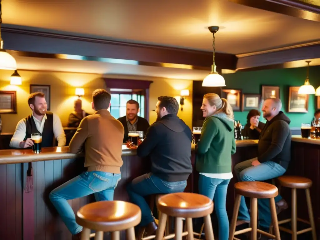 Grupo de personas disfrutando de la atmósfera acogedora de un pub irlandés, en una combinación ritual cultura irlandesa