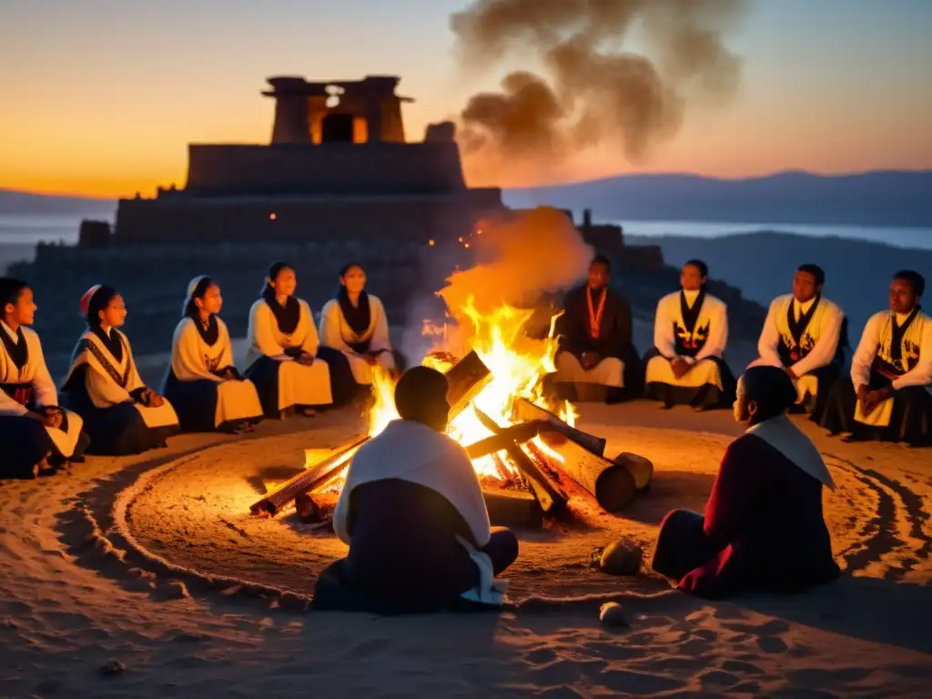 Un grupo de personas en atuendos ceremoniales alrededor de una fogata, iluminados por el cálido resplandor de las llamas