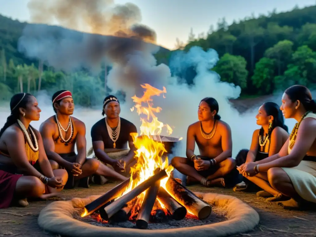 Un grupo de personas en atuendos indígenas realiza un ritual alrededor del fuego en la densa selva, evocando rituales ancestrales en juegos de rol