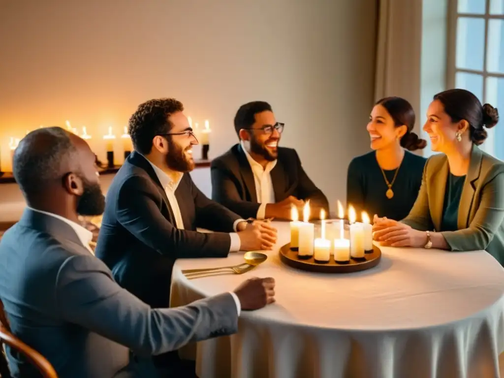 Un grupo de personas cantando canciones tradicionales judías alrededor de una mesa bellamente decorada, iluminados por la suave luz de las velas