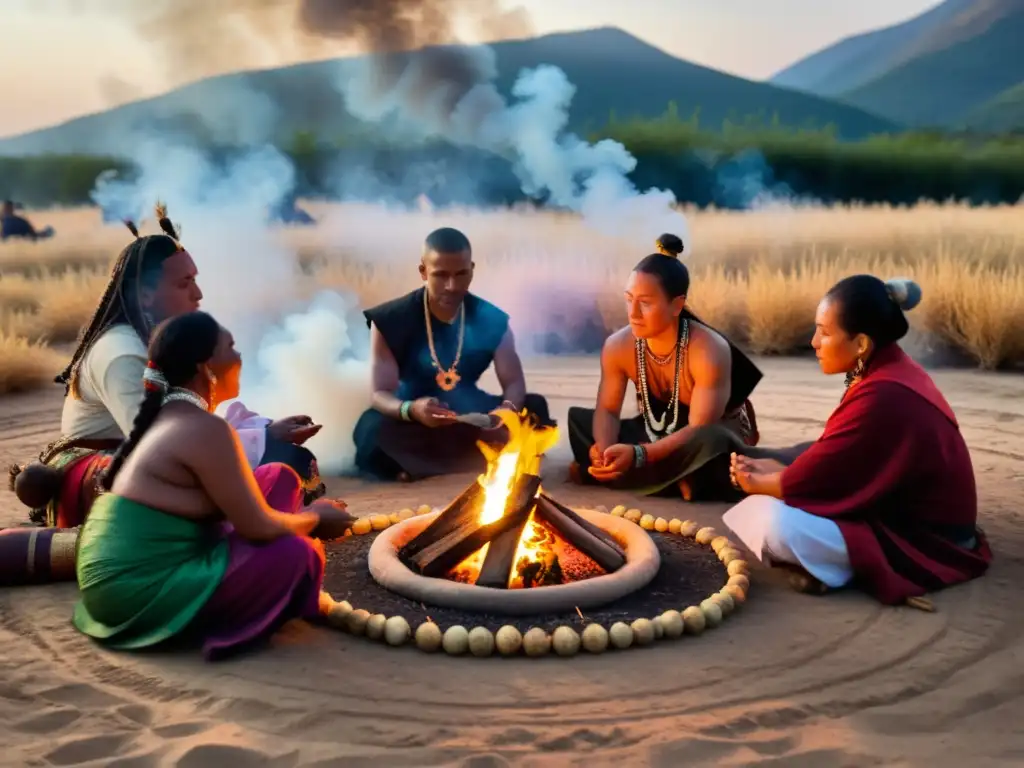 Un grupo de personas en ceremonia consagra amuletos de protección alrededor de un fuego sagrado, creando una atmósfera mística y ancestral