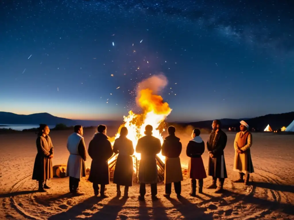 Un grupo de personas en círculo alrededor de una fogata, rostros iluminados por el fuego