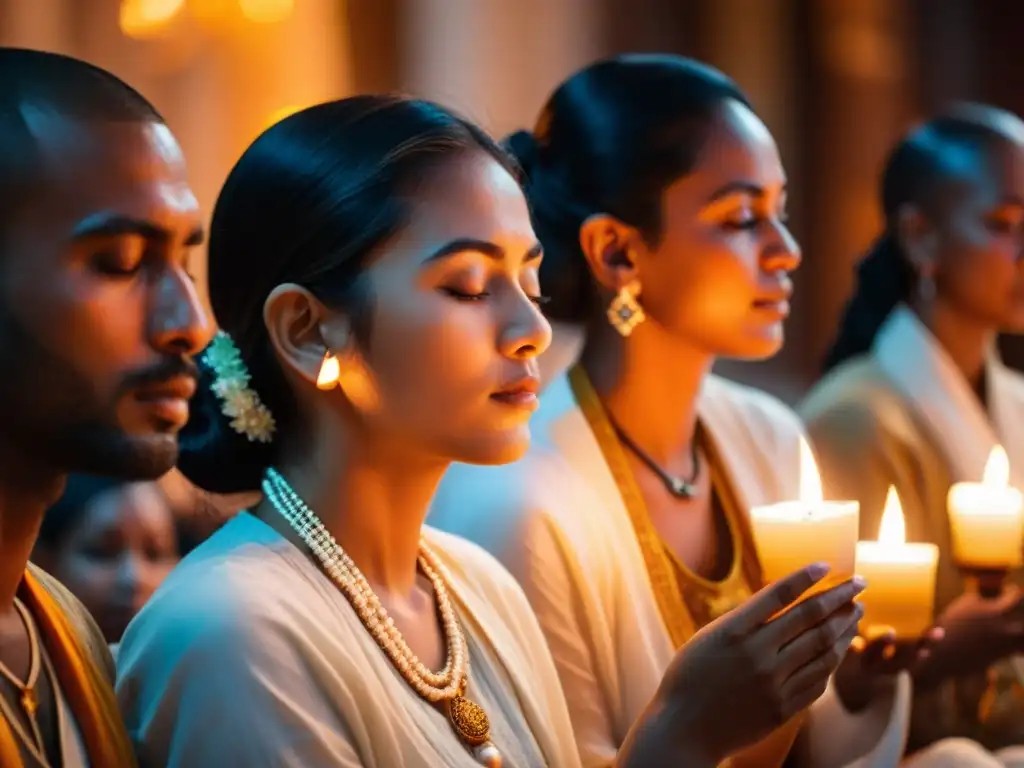 Un grupo de personas en un círculo, recitando mantras en un ritual sagrado con expresiones serenas, iluminados por la tenue luz de las velas